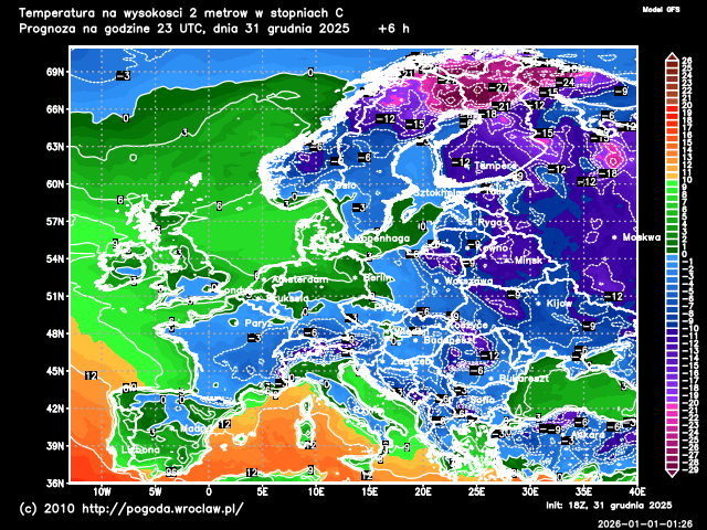 Aktualna temperatura powietrza na Dolnym Śląsku na poziomie 2 metrów w stopniach Celsjusza - model GFS