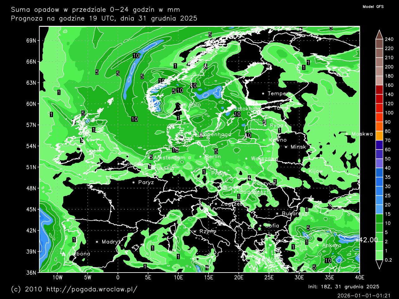 Dobowe sumy opadów oraz w ciągu następnych 240 godzin w mm