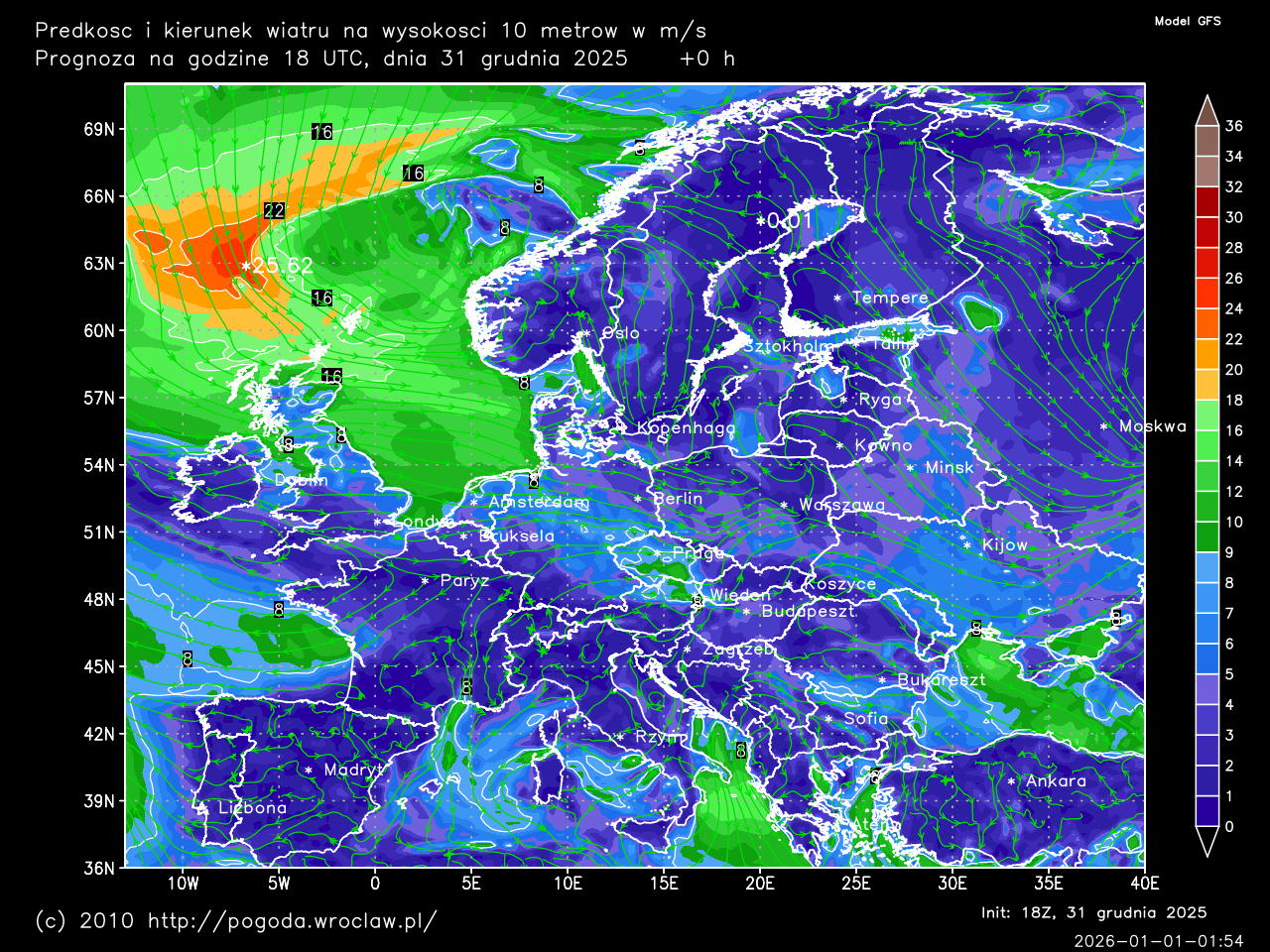 Prędkość i kierunek wiatru na wysokości 10 metrów w m/s dla wybranej godziny prognozy
