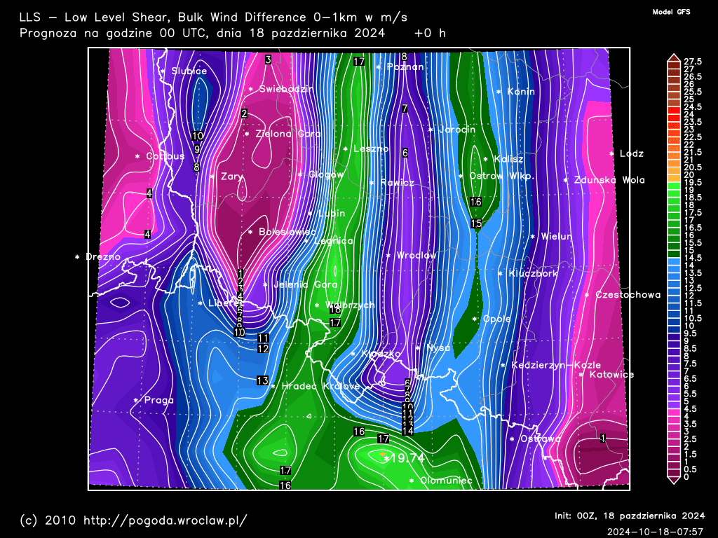 LLS - Low Level Shear, Bulk Wind Difference 0-1 km w m/s dla wybranej godziny prognozy