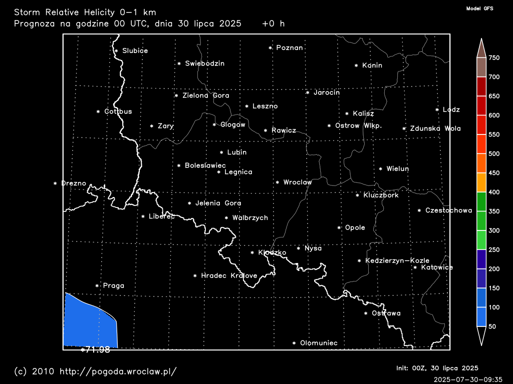 Storm Relative Helicity 0-1 km dla wybranej godziny prognozy
