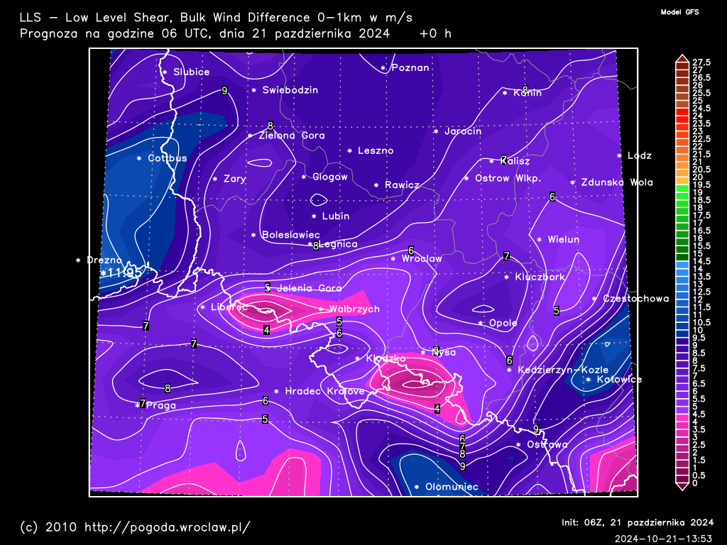 LLS - Low Level Shear, Bulk Wind Difference 0-1 km w m/s dla wybranej godziny prognozy