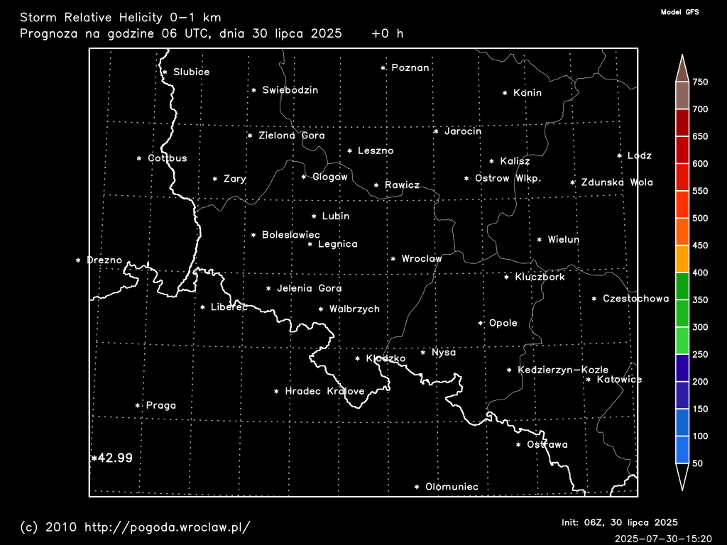Storm Relative Helicity 0-1 km dla wybranej godziny prognozy