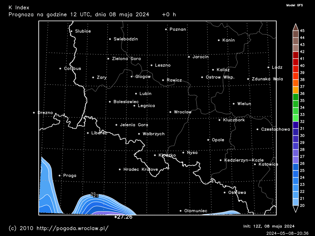 K Index - prawdopodobieństwo wystąpienia burz dla wybranej godziny prognozy
