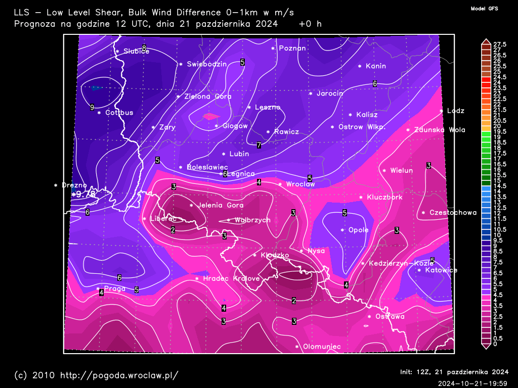 LLS - Low Level Shear, Bulk Wind Difference 0-1 km w m/s dla wybranej godziny prognozy