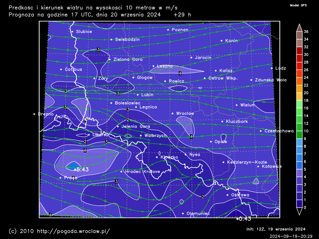 Pogoda Na Dolnym Slasku Predkosc I Kierunek Wiatru Na Wysokosci 10 Metrow W M S Model Gfs Z 12 Utc