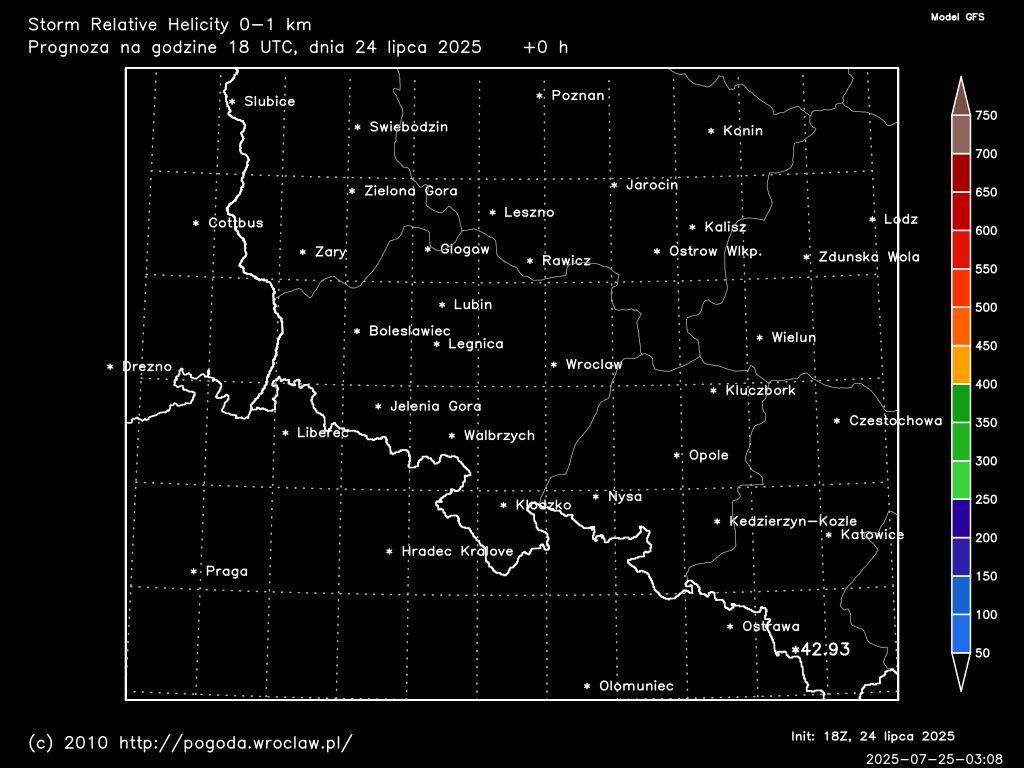 Storm Relative Helicity 0-1 km dla wybranej godziny prognozy