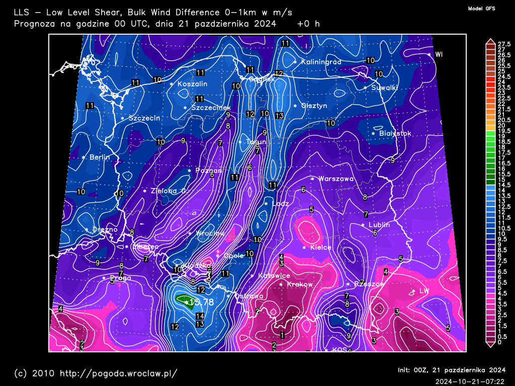 LLS - Low Level Shear, Bulk Wind Difference 0-1 km w m/s dla wybranej godziny prognozy