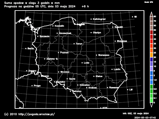 Aktualna suma opadów atmosferycznych w ciągu 3 godzin na Dolnym Śląsku w mm - model GFS