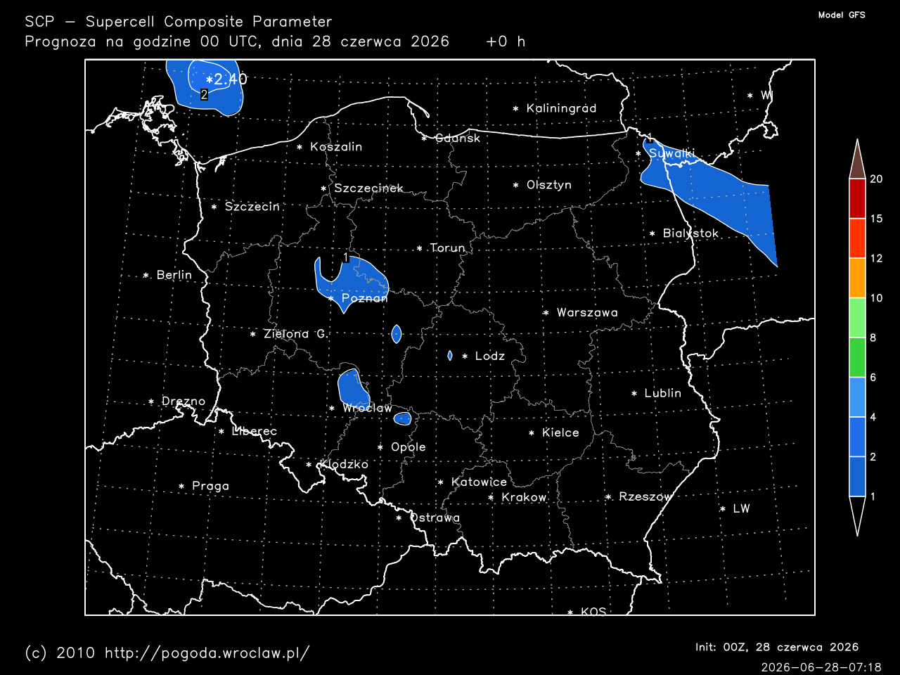 SCP - Supercell Composite Parameter dla wybranej godziny prognozy