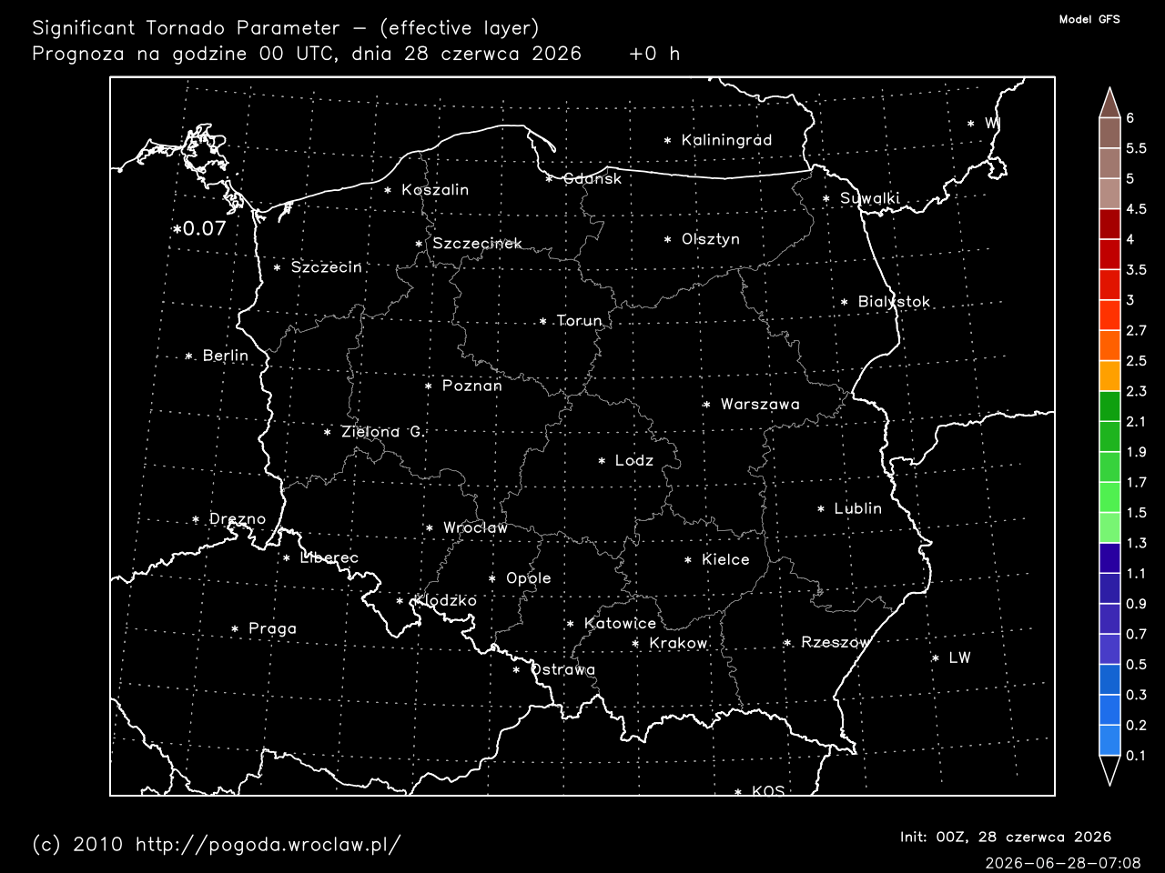 STP - Significant Tornado Parameter (effective layer) dla wybranej godziny prognozy
