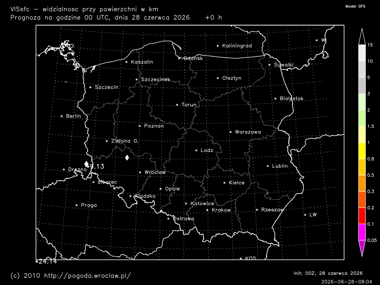 Widzialność przy powierzchni w kilometrach dla wybranej godziny prognozy.