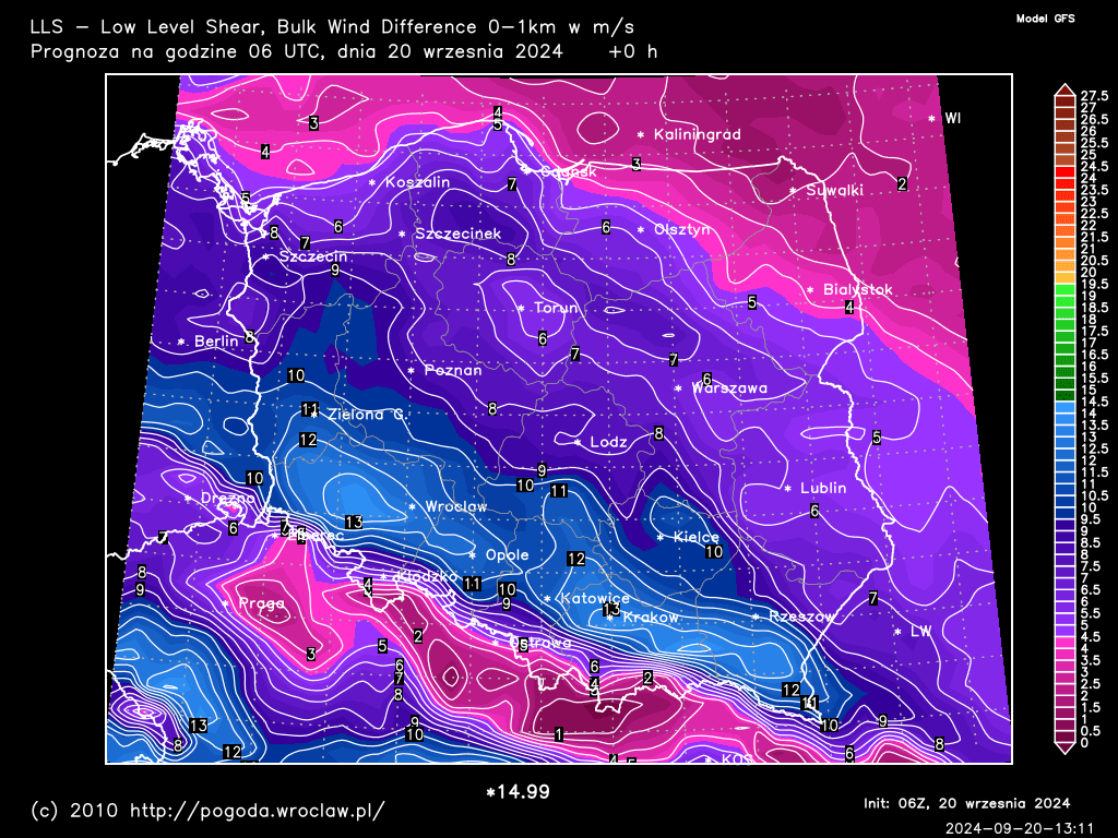 LLS - Low Level Shear, Bulk Wind Difference 0-1 km w m/s dla wybranej godziny prognozy