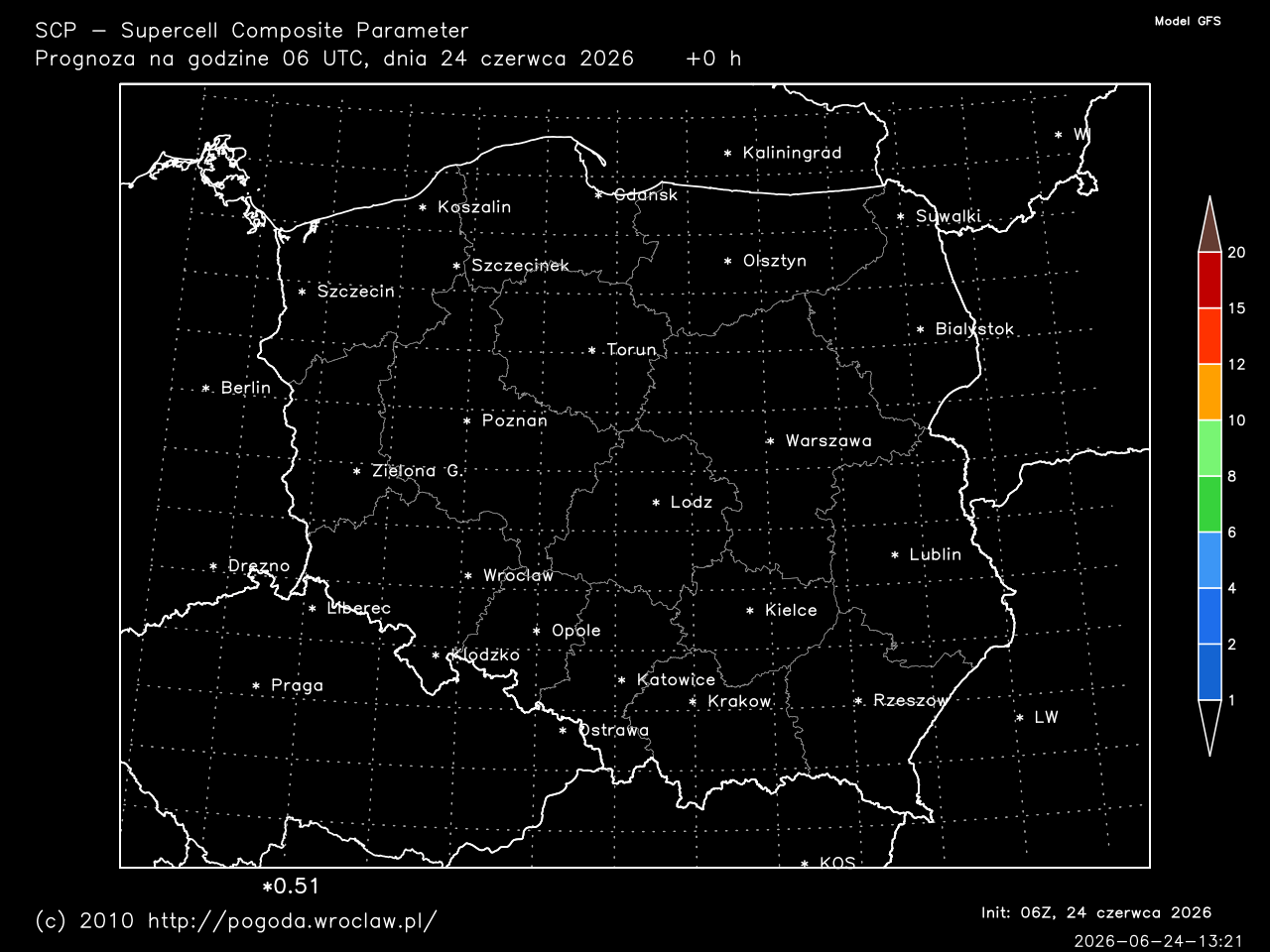 SCP - Supercell Composite Parameter dla wybranej godziny prognozy