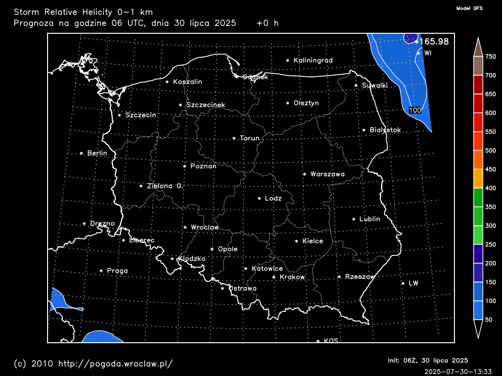 Storm Relative Helicity 0-1 km dla wybranej godziny prognozy