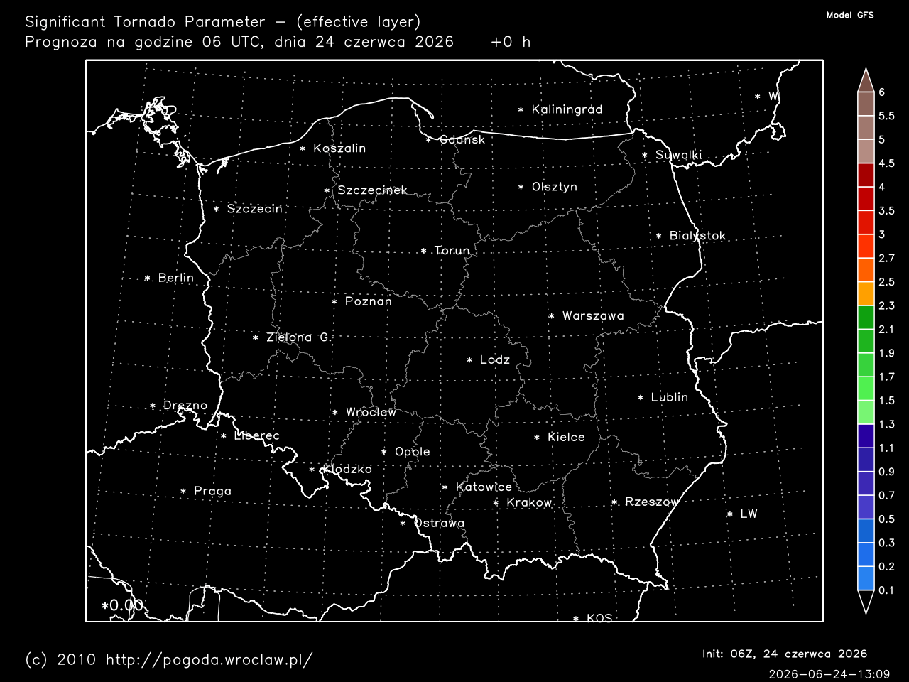 STP - Significant Tornado Parameter (effective layer) dla wybranej godziny prognozy