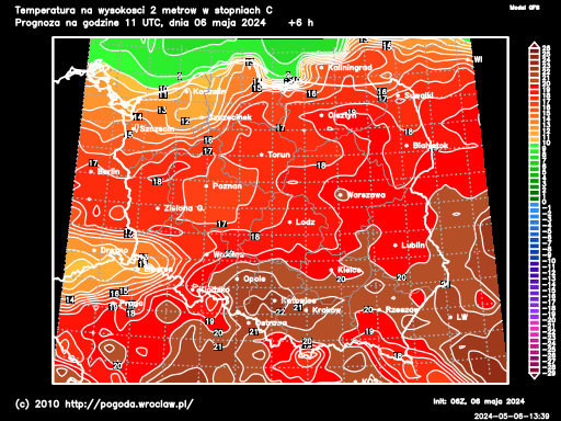 Aktualna temperatura powietrza na Dolnym Śląsku na poziomie 2 metrów w stopniach Celsjusza - model GFS