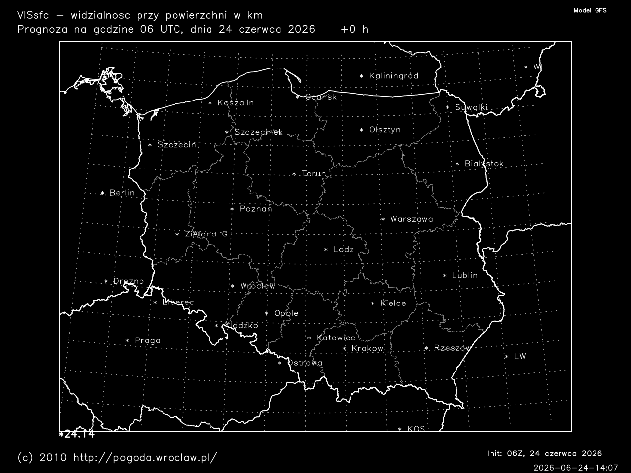 Widzialność przy powierzchni w kilometrach dla wybranej godziny prognozy.
