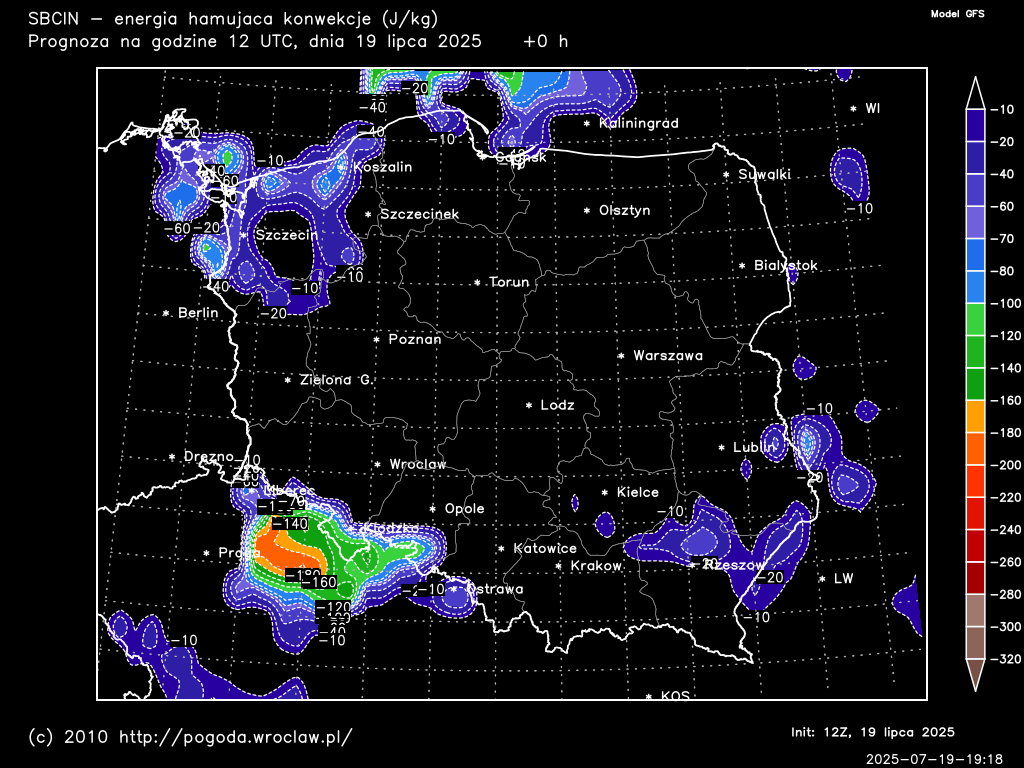 SBCIN - Surface Based Convective inhibition - energia hamująca konwekcję dla wybranej godziny prognozy