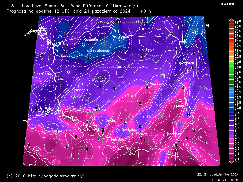 LLS - Low Level Shear, Bulk Wind Difference 0-1 km w m/s dla wybranej godziny prognozy