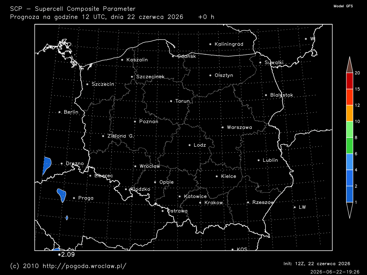 SCP - Supercell Composite Parameter dla wybranej godziny prognozy