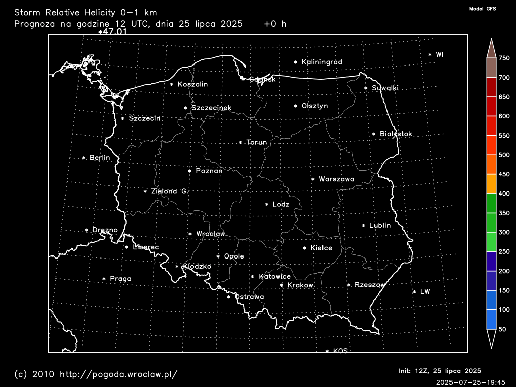 Storm Relative Helicity 0-1 km dla wybranej godziny prognozy