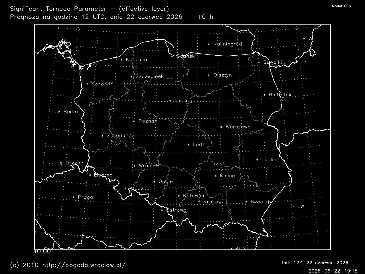 STP - Significant Tornado Parameter (effective layer) dla wybranej godziny prognozy