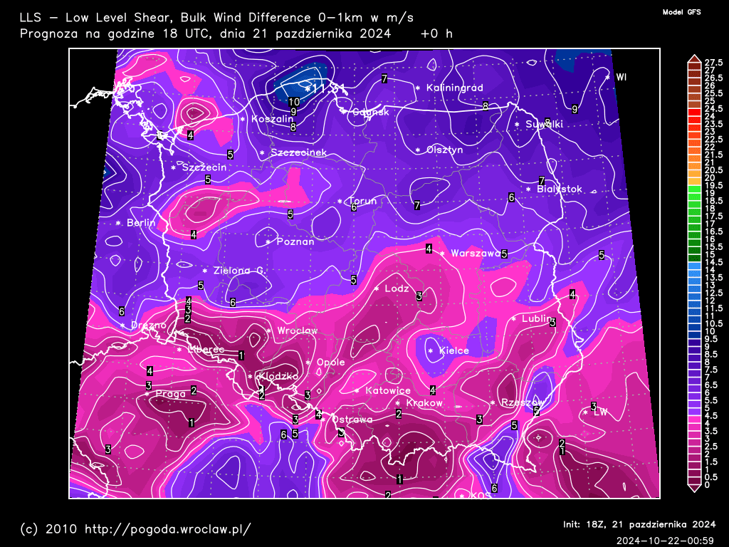 LLS - Low Level Shear, Bulk Wind Difference 0-1 km w m/s dla wybranej godziny prognozy