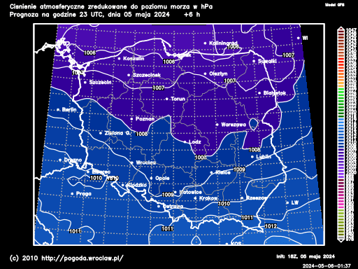 Aktualne ciśnienie powietrza atmosferycznego na Dolnym Śląsku w hPa - model GFS