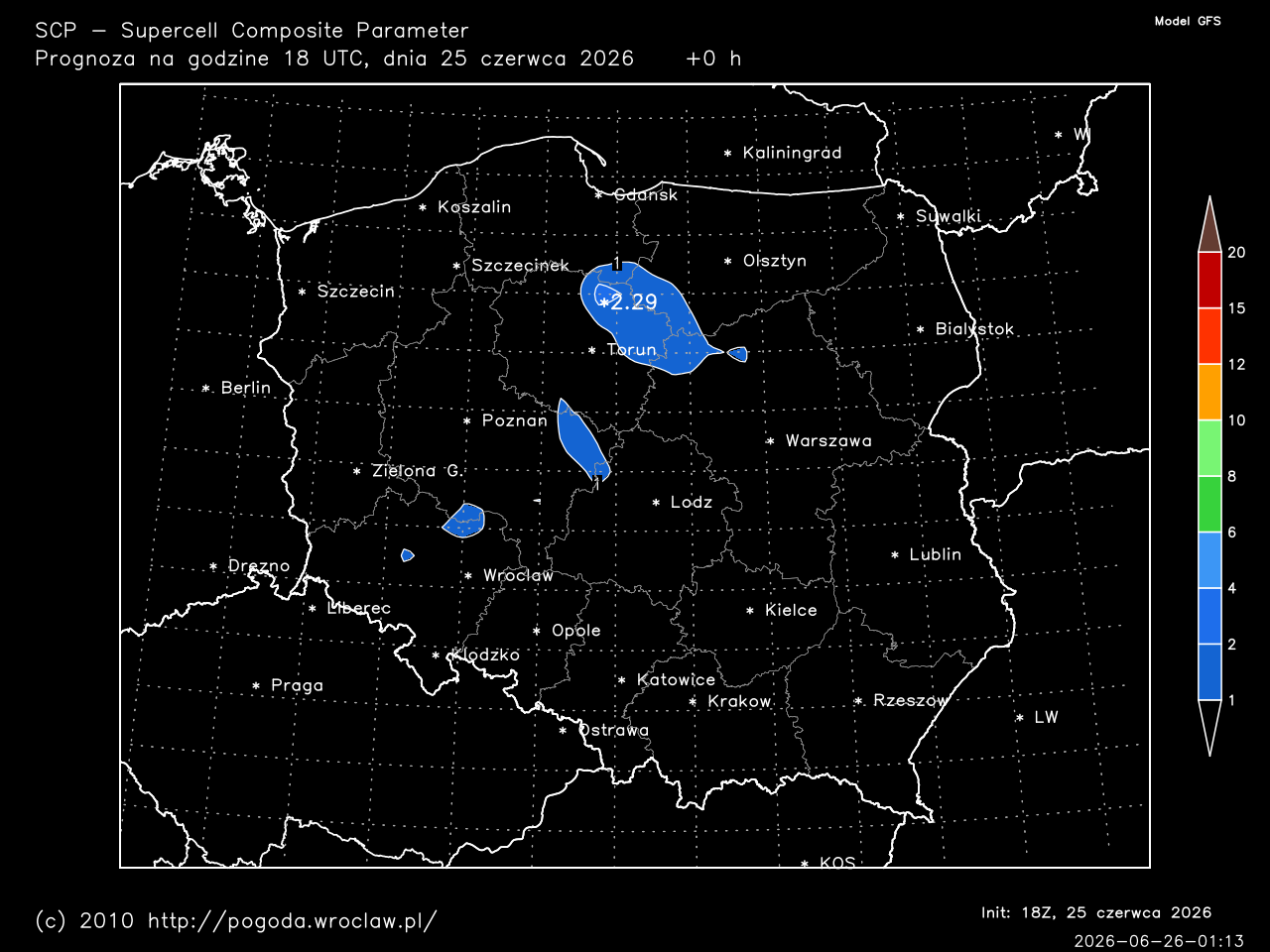 SCP - Supercell Composite Parameter dla wybranej godziny prognozy
