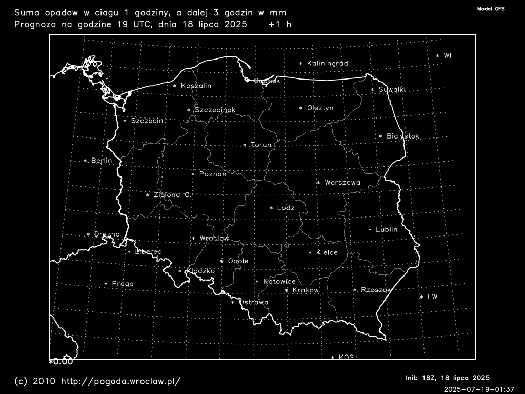Suma opadów śniegu w ciągu wybranej godziny prognozy w mm