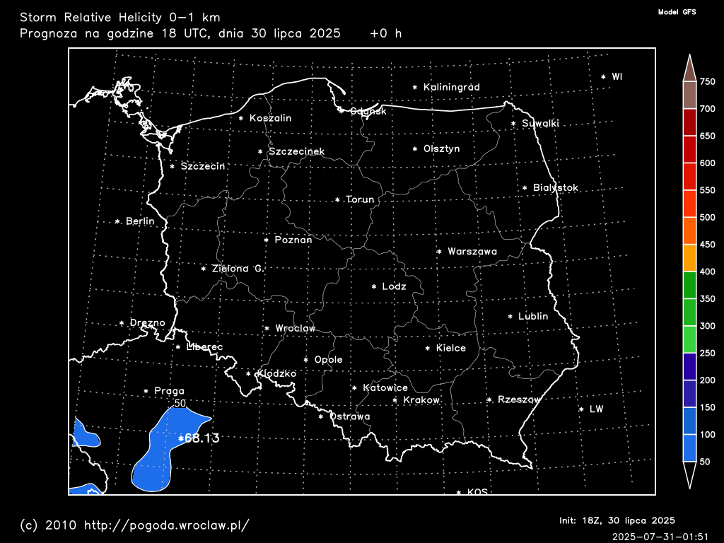 Storm Relative Helicity 0-1 km dla wybranej godziny prognozy