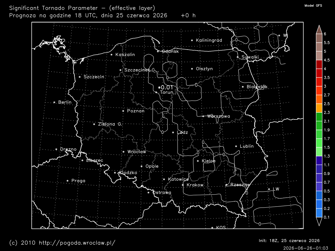 STP - Significant Tornado Parameter (effective layer) dla wybranej godziny prognozy