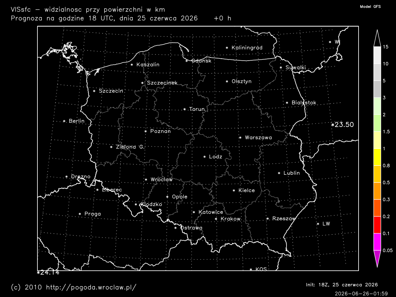 Widzialność przy powierzchni w kilometrach dla wybranej godziny prognozy.