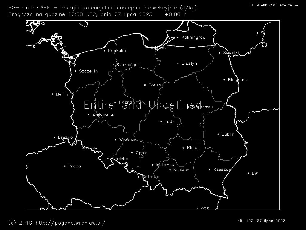 mlCAPE - energia potencjalnie dostępna konwekcyjnie w najbardziej niestabilnej warstwie atmosfery dla wybranej godziny prognozy od powierzchni ziemi do wysokości, na której ciśnienie jest około 100 hPa niższe.