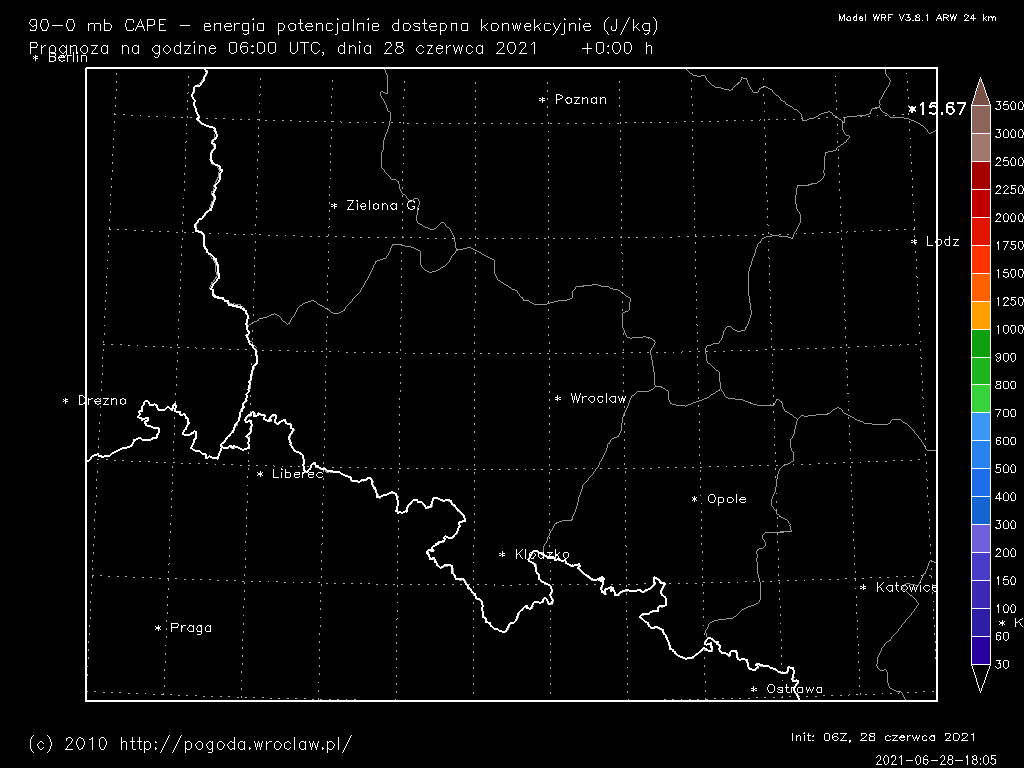mlCAPE - energia potencjalnie dostępna konwekcyjnie w najbardziej niestabilnej warstwie atmosfery dla wybranej godziny prognozy od powierzchni ziemi do wysokości, na której ciśnienie jest około 100 hPa niższe.